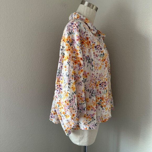 H&M Linen Button Up Crop Shirt Slouchy Sleeve Multicolor Floral Print Lightweigh - Picture 3 of 10